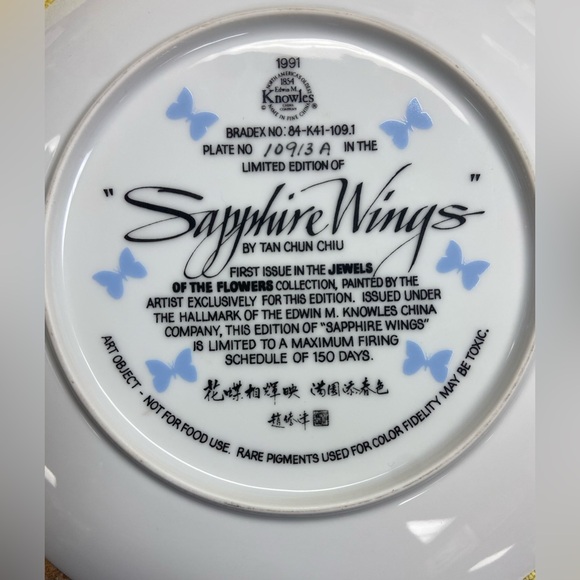 EDWIN KNOWLES SAPPHIRE WINGS COLLECTABLE PLATE by TAN CHUN CHIU - Picture 3 of 3